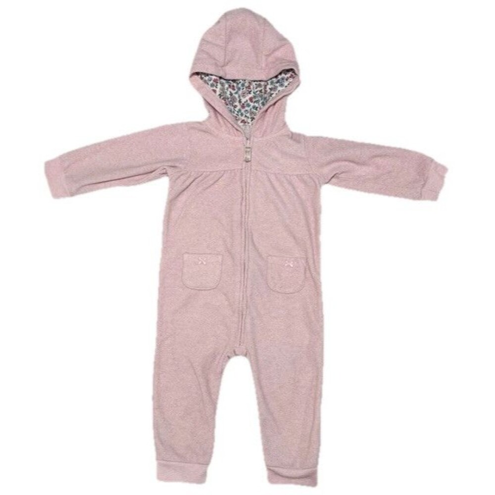 Carter's Girls 18 Months Pink Bear Bum Fleece Hooded Romper One Piece Floral EUC
